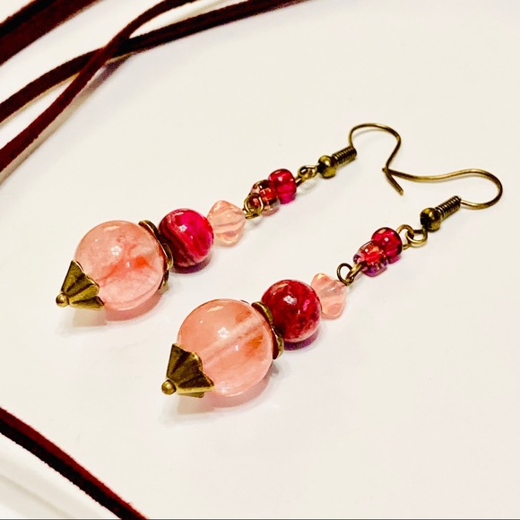 Dark Pink Mauve Rhodonite Stone Necklace & Cherry Quartz Zinfandel Earrings BOHO - Picture 8 of 15